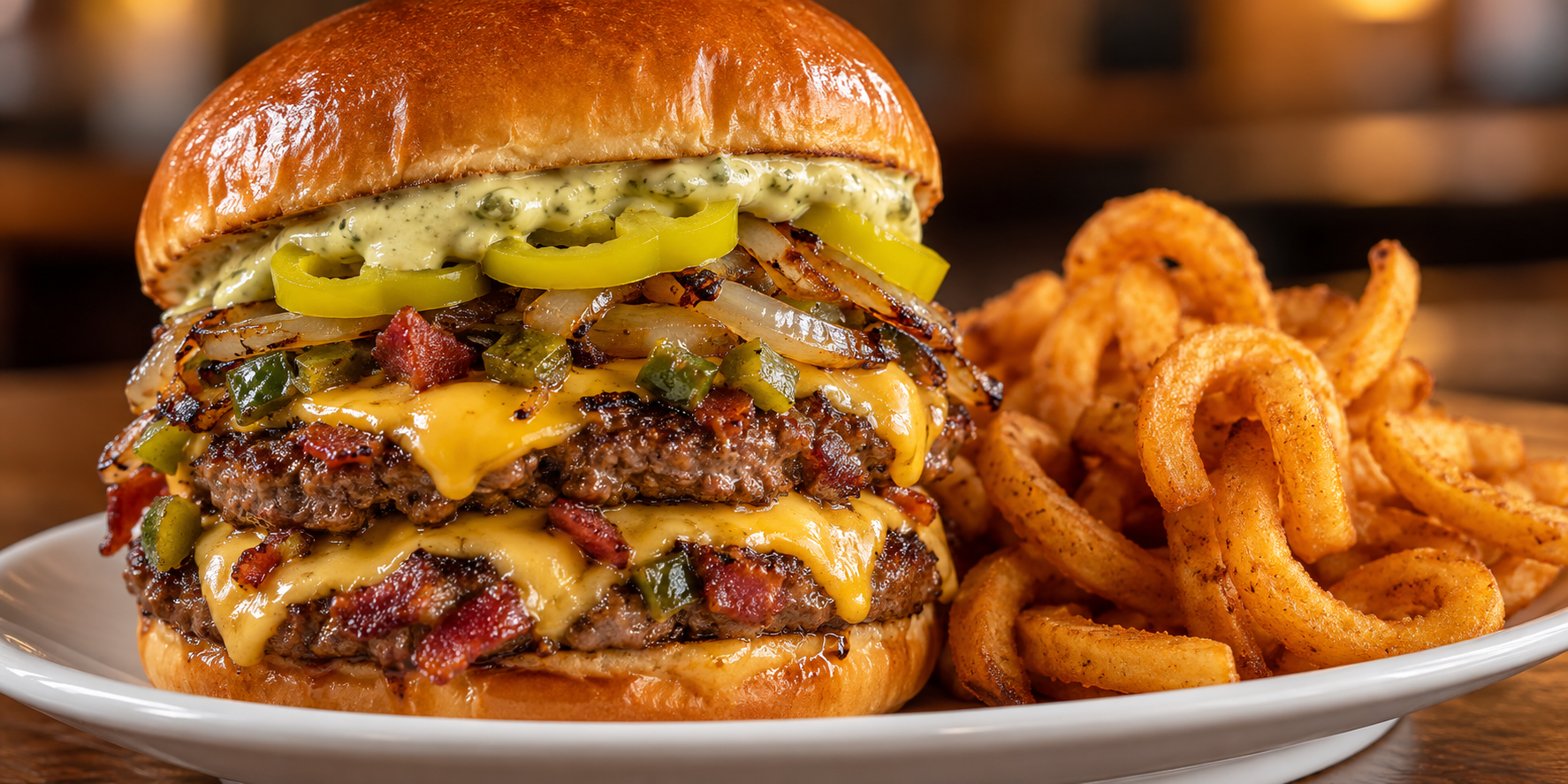 Serving inspiration for a double bacon Hatch chile cheeseburger on brioche with curly fries