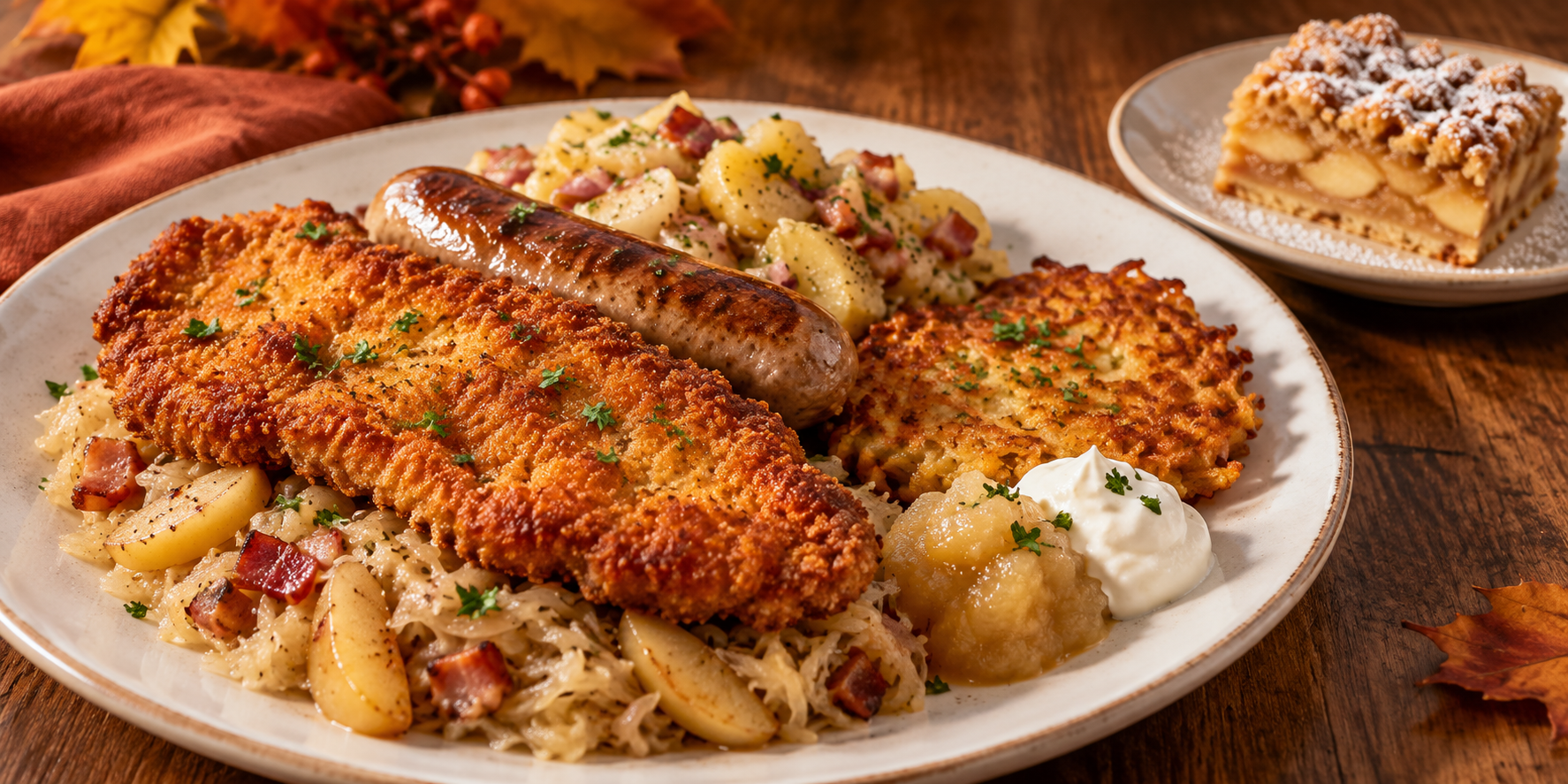 Oktoberfest serving inspiration: pork schnitzel, sauerkraut, bratwurst, potato pancake, German potato salad and apple cake