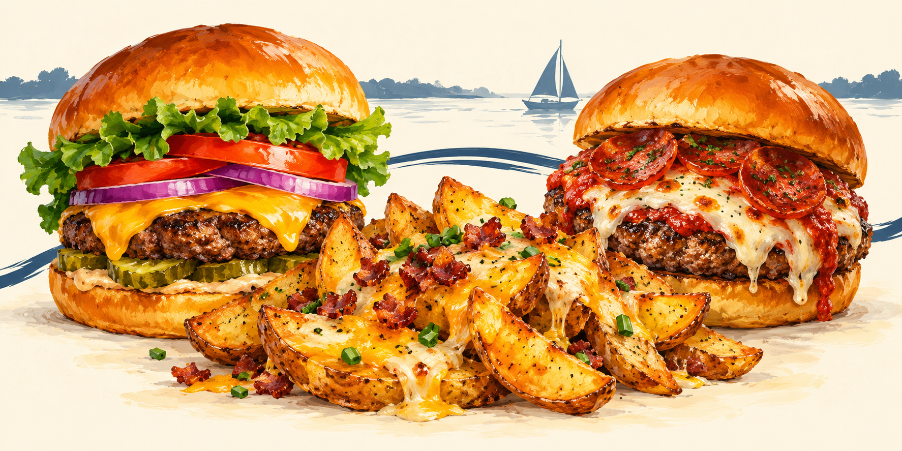 Illustration of two burgers and loaded potato wedges